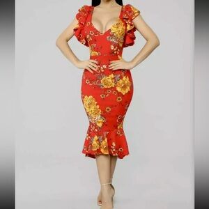 Red Floral Fashion Nova Bodycon Sexy Dress Size XL Pinup Cocktail Flamenco Dance